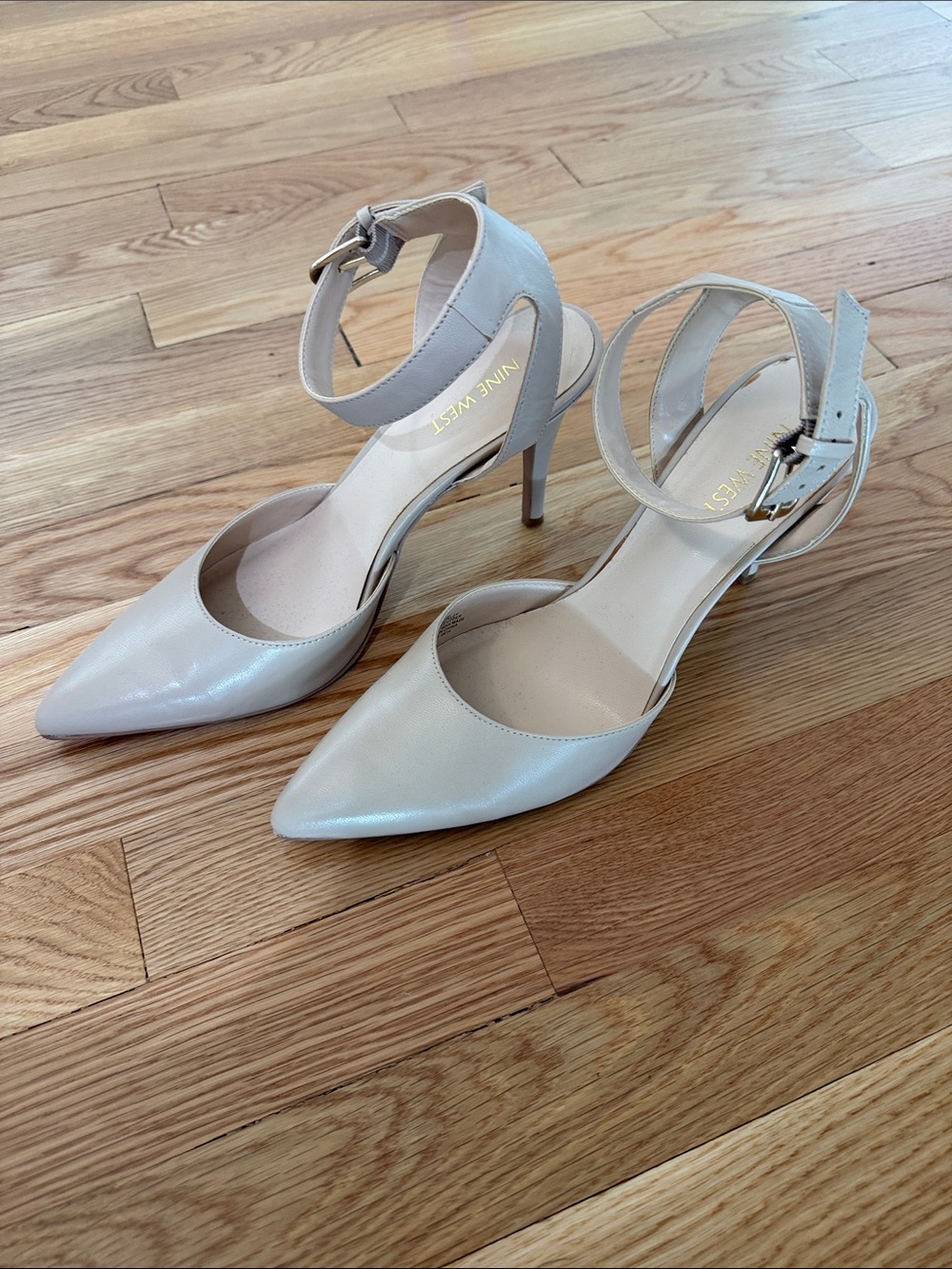 Nine West Nude Pointed-Toe Ankle-Strap Heels